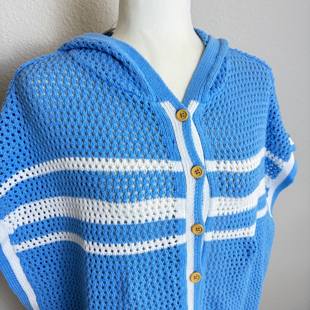 NEW Talbots Womens Blue White Striped Open Knit Hooded Poncho Sweater ML - Picture 2 of 7